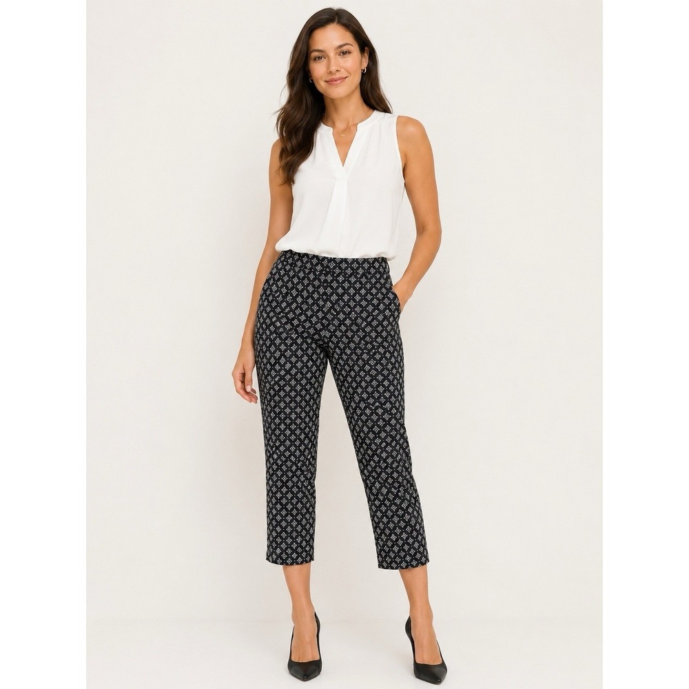 Rafaella Comfort Crop Pants Women's 10 Black Geometric Stretch Career Ankle